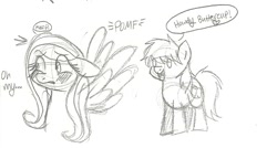 Size: 1000x537 | Tagged: safe, artist:beautyberri, braeburn, fluttershy, pegasus, pony, blushing, braeshy, female, male, pomf, shipping, sketch, straight, wingboner