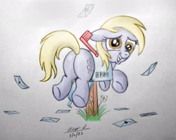 Size: 2634x2098 | Tagged: safe, artist:aleximusprime, artist:scobionicle99, derpy hooves, pegasus, pony, buttstuck, derpy inside a mailbox, female, mailbox, mare, plot, solo, stuck, traditional art