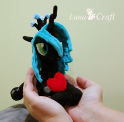 Size: 1900x1877 | Tagged: safe, artist:lanacraft, queen chrysalis, changeling, changeling queen, beanie (plushie), heart, irl, kittensized, photo, plushie