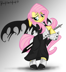 Size: 1333x1437 | Tagged: safe, artist:rawrcharlierawr, fluttershy, pegasus, pony, clothes, crona, ragnarok, soul eater, weapon