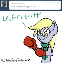 Size: 929x949 | Tagged: safe, derpy hooves, pegasus, pony, akuma, ask, ask hipster derpy, boxing gloves, female, glasses, hipster, mare, shun goku satsu