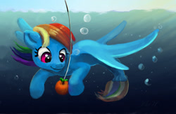 Size: 2000x1300 | Tagged: safe, artist:xbi, derpibooru import, rainbow dash, merpony, pegasus, pony, apple, bait, fishing, food, solo, underwater