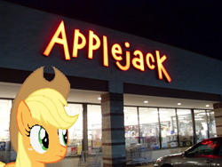 Size: 496x373 | Tagged: safe, applejack, pony, irl, photo, ponies in real life, store, vector