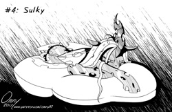 Size: 800x517 | Tagged: safe, artist:omny87, queen chrysalis, changeling, changeling queen, beanbag chair, black and white, grayscale, grumpy, ink, inkvember, link in description, monochrome, pillow, sulking