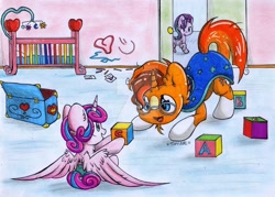 Size: 1024x735 | Tagged: safe, artist:rainbowshine94, princess flurry heart, starlight glimmer, sunburst, alicorn, pony, unicorn, crib, cute, diaper, flurrybetes, sunbetes, traditional art, uncle sunburst, watermark