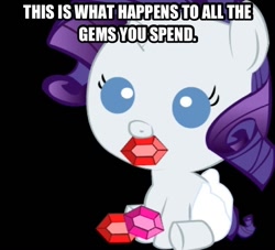 Size: 640x580 | Tagged: safe, rarity, pony, unicorn, baby, baby pony, crack is cheaper, gameloft, gem, image macro