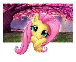 Size: 791x646 | Tagged: safe, artist:lova-gardelius, fluttershy, pegasus, pony, cute, female, leaning on the fourth wall, looking at you, mare, shyabetes, solo, tree