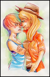 Size: 1636x2512 | Tagged: safe, artist:killa7, applejack, rainbow dash, appledash, female, humanized, lesbian, shipping