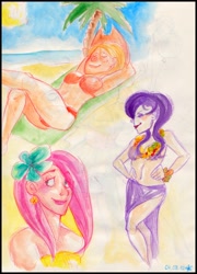 Size: 1280x1776 | Tagged: safe, artist:killa7, applejack, fluttershy, rarity, applebucking thighs, beach, belly button, bikini, clothes, flower, humanized, lei, midriff, sarong, swimsuit, traditional art