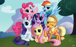 Size: 1800x1110 | Tagged: safe, artist:luminousdazzle, derpibooru import, applejack, fluttershy, pinkie pie, rainbow dash, rarity, twilight sparkle, earth pony, pegasus, pony, unicorn, cowboy hat, freckles, hat, looking at you, mane six, mane six opening poses, one eye closed, open mouth, scene interpretation, sitting, stetson, wink