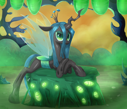 Size: 1900x1629 | Tagged: dead source, safe, artist:sl0ne, queen chrysalis, changeling, changeling queen, changeling hive, cocoon, female, smiling, solo