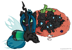 Size: 1730x1200 | Tagged: dead source, safe, artist:kameomia, queen chrysalis, changeling, changeling queen, nymph, cute, cutealis, cuteling, grub, i made this, mommy chrissy, pillow, ponified animal photo, prone, simple background, white background