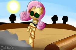 Size: 997x660 | Tagged: safe, artist:extradan, fluttershy, pegasus, pony, android, female, log, mare