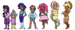 Size: 1600x648 | Tagged: safe, artist:theraspberryfox, derpibooru import, applejack, fluttershy, pinkie pie, rainbow dash, rarity, twilight sparkle, human, clothes, dark skin, diversity, dress, humanized, mane six, tumblr nose, why meph why