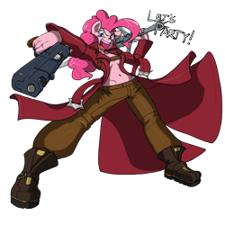 Size: 2000x2000 | Tagged: safe, artist:reiduran, pinkie pie, anthro, badass, cosplay, crossover, dante (devil may cry), devil may cry, devil may cry 3, ebony & ivory, gun, parody, rebellion, solo, sword