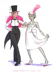 Size: 1280x1737 | Tagged: safe, artist:glasmond, discord, pinkie pie, ask human pinkie pie, bowtie, crossdressing, flapper, high heels, humanized, skinny