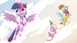 Size: 1920x1080 | Tagged: safe, artist:neondion60, derpibooru import, rainbow dash, scootaloo, spike, twilight sparkle, twilight sparkle (alicorn), alicorn, dragon, pegasus, pony, 3d, flying, holding a pony, looking down, magic, scootalove, source filmmaker