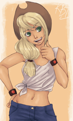 Size: 900x1500 | Tagged: safe, artist:mistix, applejack, belly button, front knot midriff, humanized, midriff