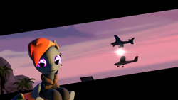 Size: 1920x1080 | Tagged: safe, derpibooru import, rainbow dash, pegasus, pony, 3d, clothes, lens flare, plane, sky, solo, source filmmaker, sunset, sweater, tree