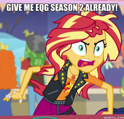 Size: 600x578 | Tagged: safe, edit, edited screencap, screencap, golden hazel, sandalwood, sci-twi, sunset shimmer, twilight sparkle, better together, equestria girls, rollercoaster of friendship, caption, fangirl, get on with it, hiatus, hyper, image macro, in-universe pegasister, it happened, it's not about the parakeet, meme, meta, offscreen character, text