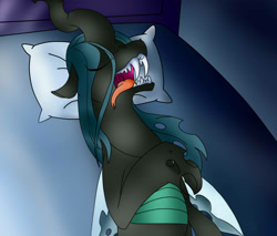 Size: 2000x1700 | Tagged: safe, artist:conicer, artist:metal-jacket444, edit, queen chrysalis, changeling, changeling queen, bed, digital art, eyes closed, fangs, female, floppy ears, lying on bed, on back, open mouth, pillow, sharp teeth, sleeping, snoring, solo, teeth, tongue out, uvula