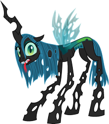Size: 1042x1182 | Tagged: safe, artist:starryoak, queen chrysalis, changeling, changeling queen, alternate universe, anorexic, looking at you, miracleverse, sharp teeth, simple background, solo, teeth, tongue out, transparent background