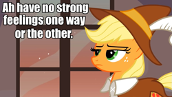 Size: 959x540 | Tagged: safe, applejack, smart cookie, earth pony, pony, futurama, image macro, meh, neutral planet ambassador, neutral response, no real threat, reaction image