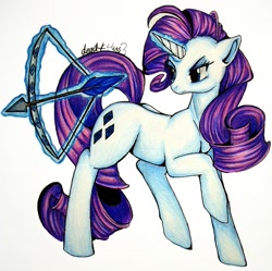 Size: 904x902 | Tagged: safe, artist:divinekitten, rarity, pony, unicorn, archery, arrow, bow (weapon), bow and arrow, magic, solo, telekinesis, traditional art, weapon