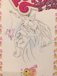 Size: 1536x2048 | Tagged: safe, artist:andypriceart, fluttershy, queen chrysalis, changeling, changeling queen, pegasus, pony, fangs, female, mare, sketch, smiling, traditional art