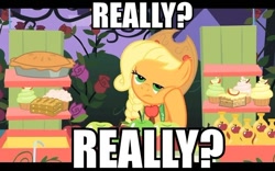 Size: 600x375 | Tagged: safe, applejack, earth pony, pony, bored, frown, image macro, leaning, looking at you, solo, squishy cheeks, unamused