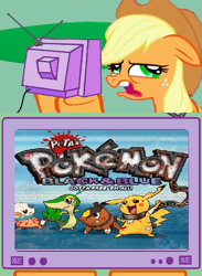 Size: 563x771 | Tagged: safe, applejack, earth pony, pony, exploitable meme, meme, peta, pokémon, team plasma in real life, tv meme