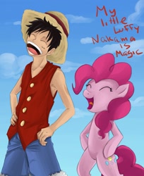 Size: 1475x1812 | Tagged: safe, artist:insanitylittlered, pinkie pie, earth pony, pony, crossover, monkey d luffy, one piece