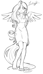 Size: 703x1200 | Tagged: safe, artist:aphexangel, fluttershy, clothes, color me, dress, humanized, lineart, monochrome, tailed humanization, winged humanization