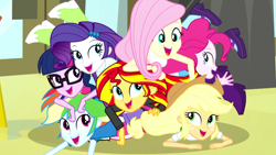 Size: 1920x1080 | Tagged: safe, derpibooru import, screencap, applejack, fluttershy, pinkie pie, rainbow dash, rarity, sunset shimmer, twilight sparkle, epic fails (equestria girls), eqg summertime shorts, equestria girls