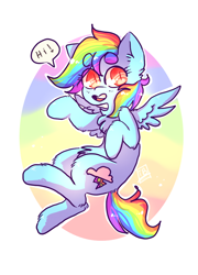 Size: 736x1024 | Tagged: safe, artist:jackytheripperart, derpibooru import, rainbow dash, pegasus, pony, cat eyes, chest fluff, cute, dialogue, eyebrows, female, flying, hi, rainbow, slit eyes, solo, waving