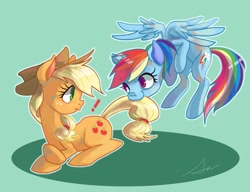 Size: 1181x908 | Tagged: safe, artist:sanbread, derpibooru import, applejack, rainbow dash, earth pony, pegasus, pony, appledash, exclamation point, eye contact, female, flying, lesbian, shipping, tail bite