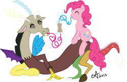 Size: 2941x1910 | Tagged: safe, artist:amaya-fanel, discord, pinkie pie, earth pony, pony, chocolate milk, discopie, female, male, shipping, straight, straw