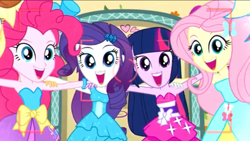 Size: 1136x640 | Tagged: safe, derpibooru import, screencap, fluttershy, pinkie pie, rainbow dash, rarity, twilight sparkle, a photo booth story, eqg summertime shorts, equestria girls, :d, clothes, cute, dress, faic, fall formal outfits, happy, looking at you, mane six, open mouth, photography, smiling