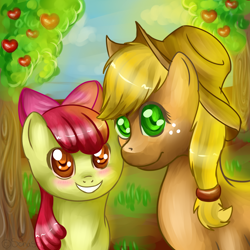 Size: 992x992 | Tagged: safe, artist:ghst-qn, artist:schasti, apple bloom, applejack, earth pony, pony, apple, apple bloom's bow, apple tree, applejack's hat, blushing, bow, cowboy hat, female, filly, food, grin, hair bow, hat, looking at you, mare, sisters, smiling, tree