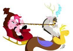 Size: 2480x1748 | Tagged: safe, artist:rannva, edit, discord, pinkie pie, earth pony, pony, bells, christmas, discopie, female, male, shipping, sleigh, straight