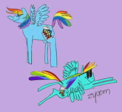 Size: 1200x1100 | Tagged: safe, artist:ladybugsawake, derpibooru import, rainbow dash, pegasus, pony, cool, flying, purple background, simple background, smiling, solo, spread wings, sunglasses, wings