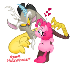 Size: 600x521 | Tagged: safe, artist:mickeymonster, artist:natilokijung, edit, discord, pinkie pie, earth pony, pony, discopie, female, heart, kissing, male, shipping, straight