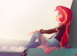 Size: 1096x800 | Tagged: safe, artist:ajvl, sunset shimmer, human, equestria girls, my past is not today, rainbow rocks, humanized, profile, sitting, solo