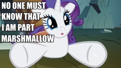 Size: 600x338 | Tagged: safe, edit, edited screencap, screencap, rarity, pony, unicorn, a dog and pony show, artifact, caption, image macro, marshmallow, marshmelodrama, meme origin, rarity is a marshmallow, solo