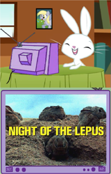 Size: 383x600 | Tagged: safe, angel bunny, derpy hooves, pegasus, pony, exploitable meme, female, mare, meme, night of the lepus, tv meme