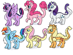 Size: 1024x768 | Tagged: safe, artist:usagi-zakura, derpibooru import, applejack, fluttershy, pinkie pie, rainbow dash, rarity, twilight sparkle, twilight sparkle (alicorn), alicorn, dragon, dragonified, dragonjack, feathered dragon, flutterdragon, mane six, my little dragon, my little x, pinkiedragon, rainbow dragon, raridragon, species swap, twilidragon