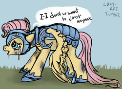 Size: 2707x1981 | Tagged: safe, artist:weepysheep, fluttershy, pegasus, pony, the crystal empire, armor, blood, blood from mouth, blood from nose, bruised, crying, female, injured, jousting, jousting outfit, mare, open mouth, profile, solo, speech bubble, standing, teary eyes, wings down