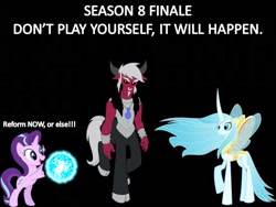 Size: 960x720 | Tagged: safe, lord tirek, queen chrysalis, starlight glimmer, changedling, changeling, changeling queen, pony, unicorn, season 8, spoiler:s08, op is a cuck, op was wrong, purified chrysalis, reformed villain, spoiler