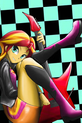 Size: 1000x1500 | Tagged: safe, artist:d-lowell, sunset shimmer, equestria girls, rainbow rocks, clothes, cute, electric guitar, guitar, jacket, leather jacket, looking at you, shimmerbetes, skirt, solo