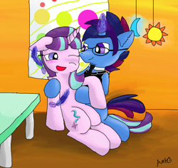 Size: 1100x1040 | Tagged: safe, artist:alexdarkcats-newhome, starlight glimmer, oc, oc:marquis majordome, pony, unicorn, blushing, canon x oc, cute, feather, fetish, glasses, hug, necktie, one eye closed, request, shipping, stardome, table, tickle fetish, tickling